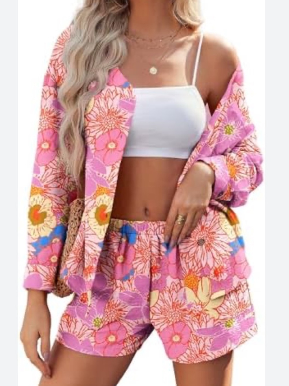 Pink Floral Two-Piece Shorts Set Large